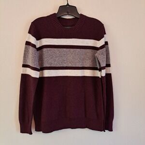 American Eagle Mens XS Burgundy Cream Striped Textured Crewneck Sweater Cotton